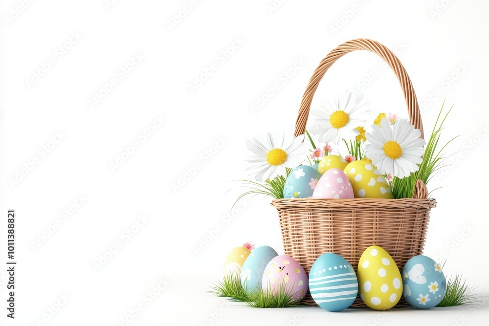 Colorful Easter eggs and daisies in a basket on a white background. Colorful Easter eggs and daisies in a basket on a white background.