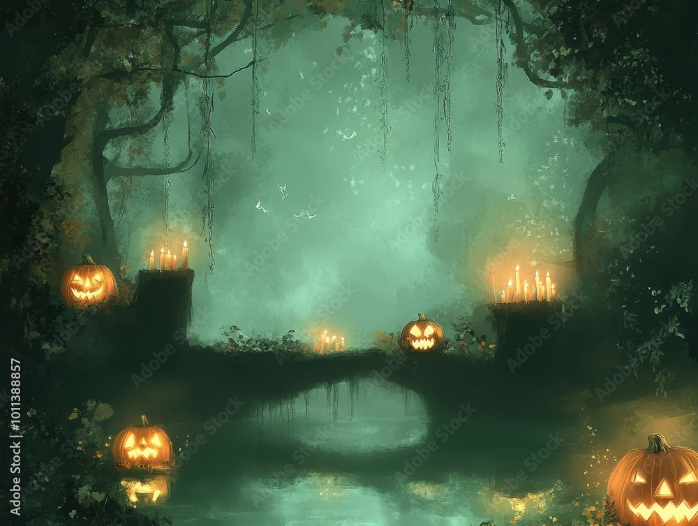 Jack-o'-lanterns Illuminated in a Mystical Forest Jack-o'-lanterns Illuminated in a Mystical Forest