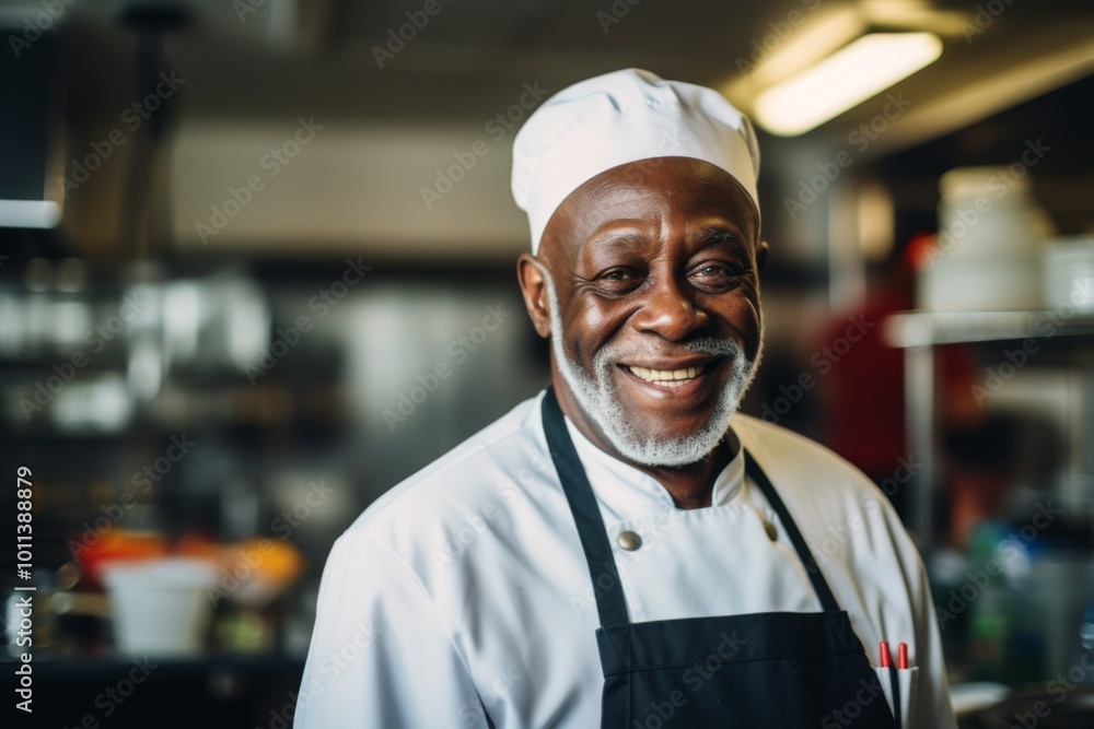 Smiling portrait of a senior male chef in professional kitchen Smiling portrait of a senior male chef in professional kitchen