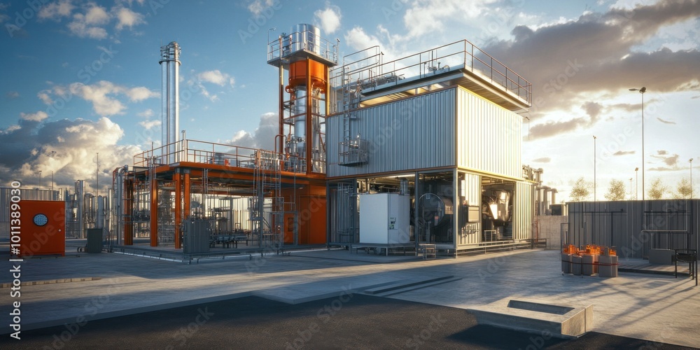 A modular fuel production plant, featuring compact and mobile units that can be easily transported and scaled to meet different energy demands, powered by renewable resources. A modular fuel production plant, featuring compact and mobile units that can be easily transported and scaled to meet different energy demands, powered by renewable resources.
