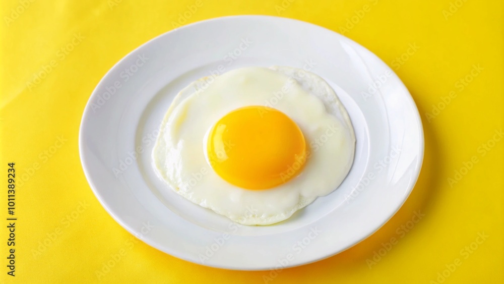 A single fried egg on a white plate, against a yellow background.