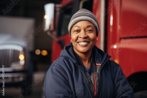 Smiling portrait of a middle aged African American female truck driver