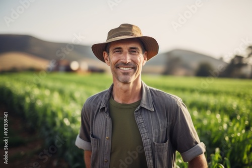 Portrait of a smiling middle aged Caucasian man on farm