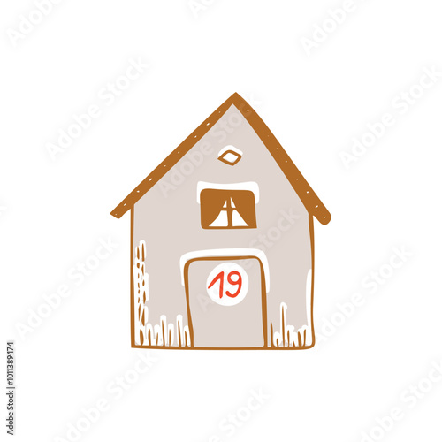 Whimsical Advent Calendar cottage door with numbers for december festive Christmas countdown. Winter holiday social media promotion campaign, festive sales and cute hand drawn festive home card design