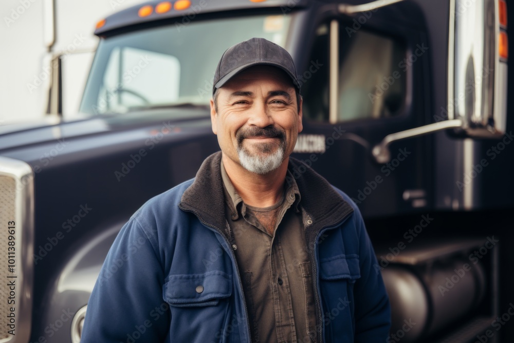 Smiling portrait of a middle aged male Caucasian truck driver Smiling portrait of a middle aged male Caucasian truck driver