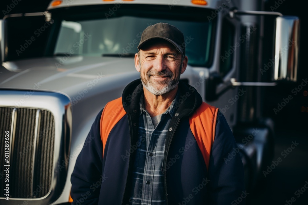 Smiling portrait of a middle aged male Caucasian truck driver Smiling portrait of a middle aged male Caucasian truck driver