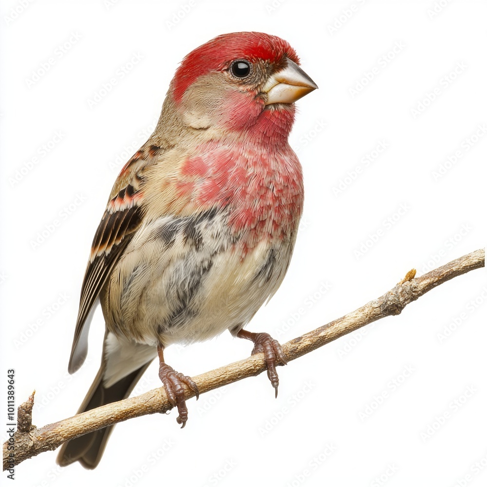 house finch sits gracefully on a slender twig, flaunting its vivid red head and patterned brown body, isolated beautifully from the white background. house finch sits gracefully on a slender twig, flaunting its vivid red head and patterned brown body, isolated beautifully from the white background.