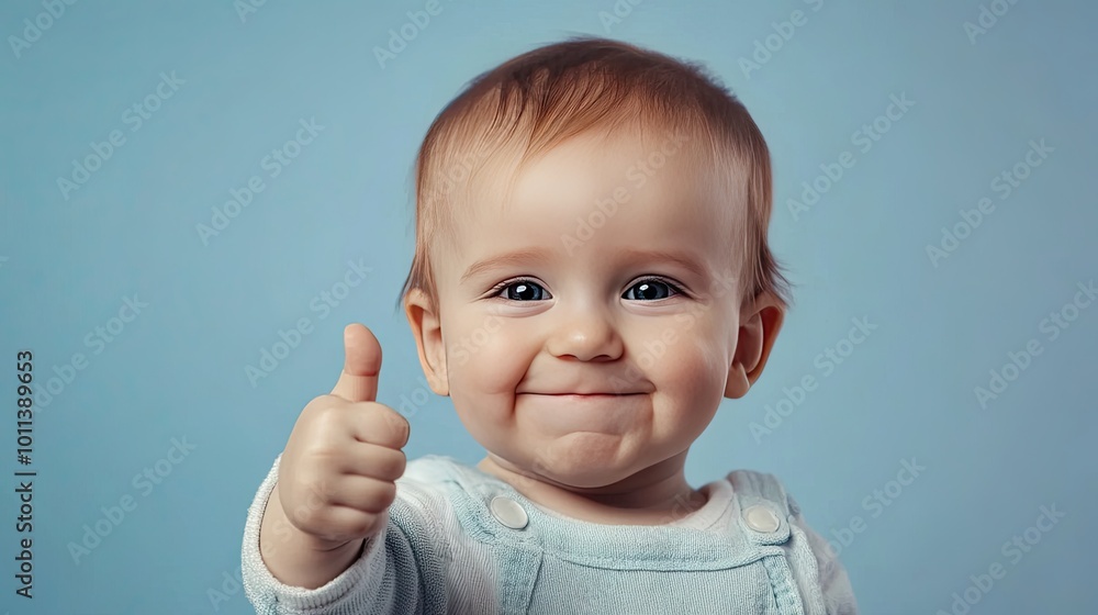 A cute baby boy enthusiastically giving a thumbs up, set against a soft blue background, creating a playful and positive mood A cute baby boy enthusiastically giving a thumbs up, set against a soft blue background, creating a playful and positive mood