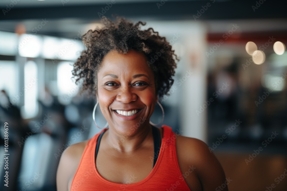 Fototapeta premium Smiling portrait of a slightly overweight African American woman in gym
