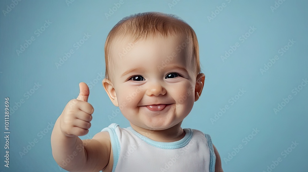 A cute baby boy enthusiastically giving a thumbs up, set against a soft blue background, creating a playful and positive mood A cute baby boy enthusiastically giving a thumbs up, set against a soft blue background, creating a playful and positive mood