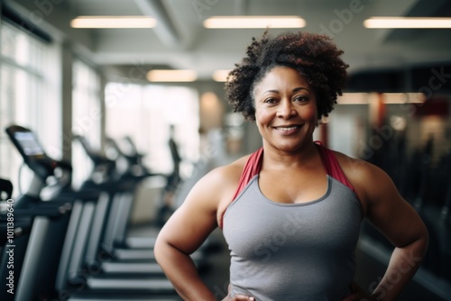 Smiling portrait of a slightly overweight African American woman in gym