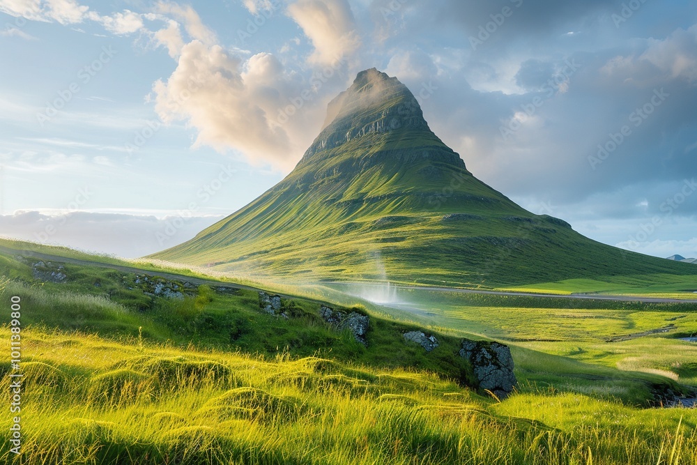 Obraz premium Mountain with a green grassy hillside