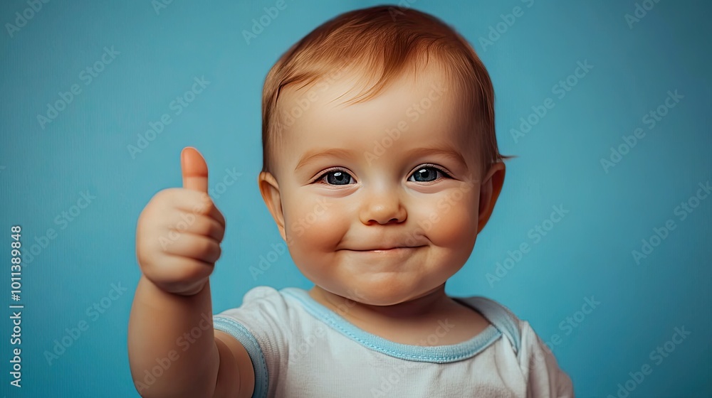 A cute baby boy shows a thumbs up on a blue background, radiating positivity and joy, great for banner designs A cute baby boy shows a thumbs up on a blue background, radiating positivity and joy, great for banner designs