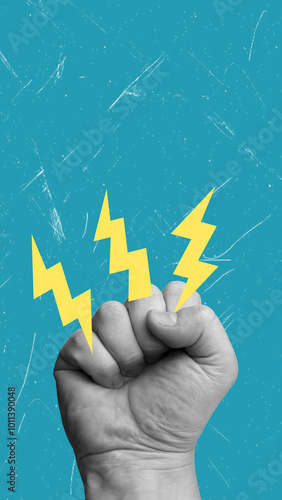 A modern artistic collage of a human hand clenched in a fist with lightning on a blue background.