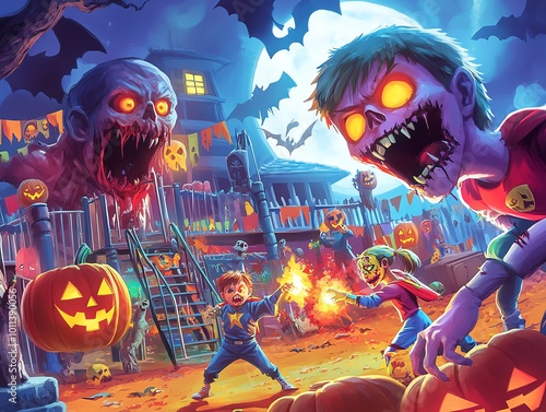 Vibrant Halloween scene with kids in costumes battling glowing monsters under a full moon amidst colorful pumpkins and decorations.