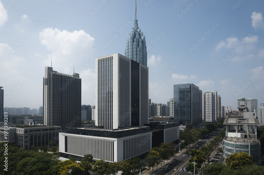 Obraz premium Modern Urban Architecture Showcasing Business District Skyscrapers