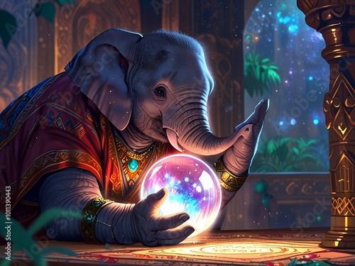 Animal elephant fortune teller looking at crystal ball for fortune telling AI generated