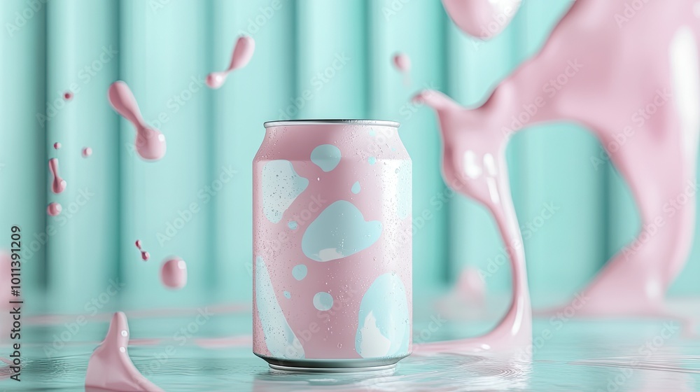 A drink can with liquid splashing around it, set against a soft pastel background, ideal for mockup designs A drink can with liquid splashing around it, set against a soft pastel background, ideal for mockup designs
