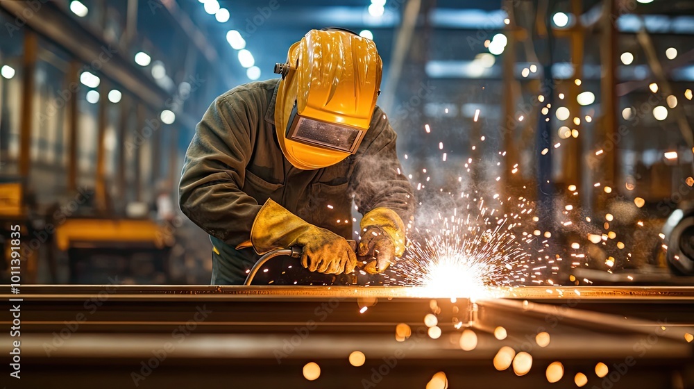 A focused welder in an industrial workshop, wearing protective equipment, as sparks fly during metal welding work. A focused welder in an industrial workshop, wearing protective equipment, as sparks fly during metal welding work.