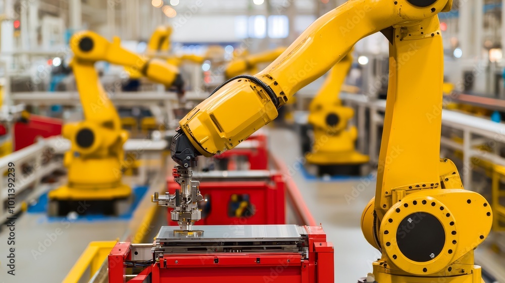 Industrial robot arm working on manufacturing assembly line. Industrial robot arm working on manufacturing assembly line.