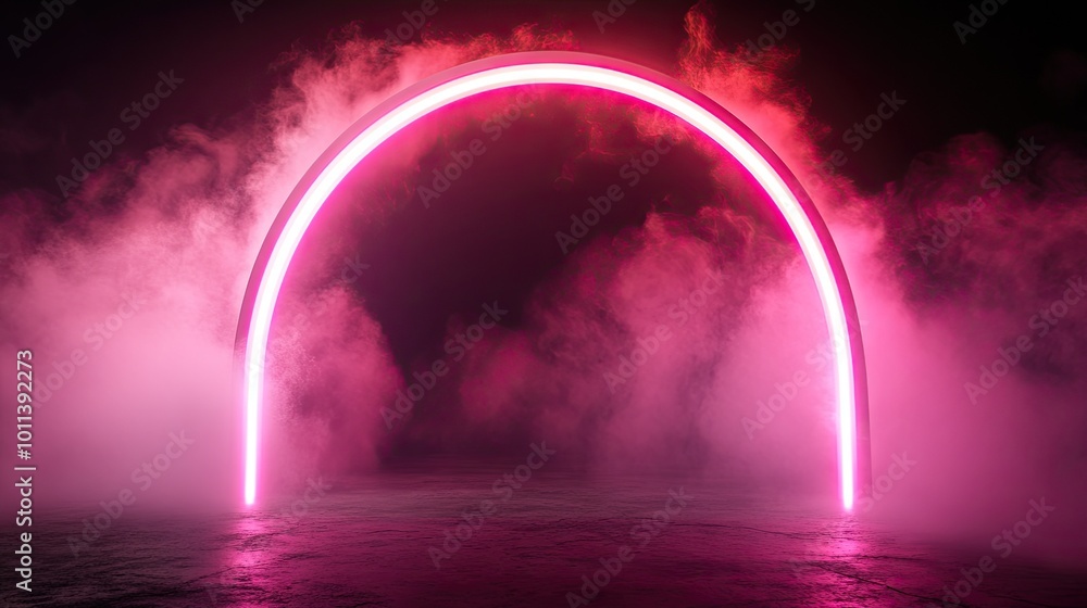 A futuristic neon light arch glowing in pink with soft smoke swirling around, creating a dreamy, sci-fi atmosphere in a dark space. A futuristic neon light arch glowing in pink with soft smoke swirling around, creating a dreamy, sci-fi atmosphere in a dark space.