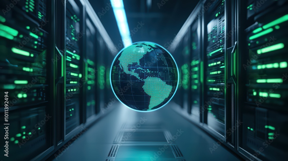 Digital globe hovering in a data center with green lighting and tech ambiance. Digital globe hovering in a data center with green lighting and tech ambiance.