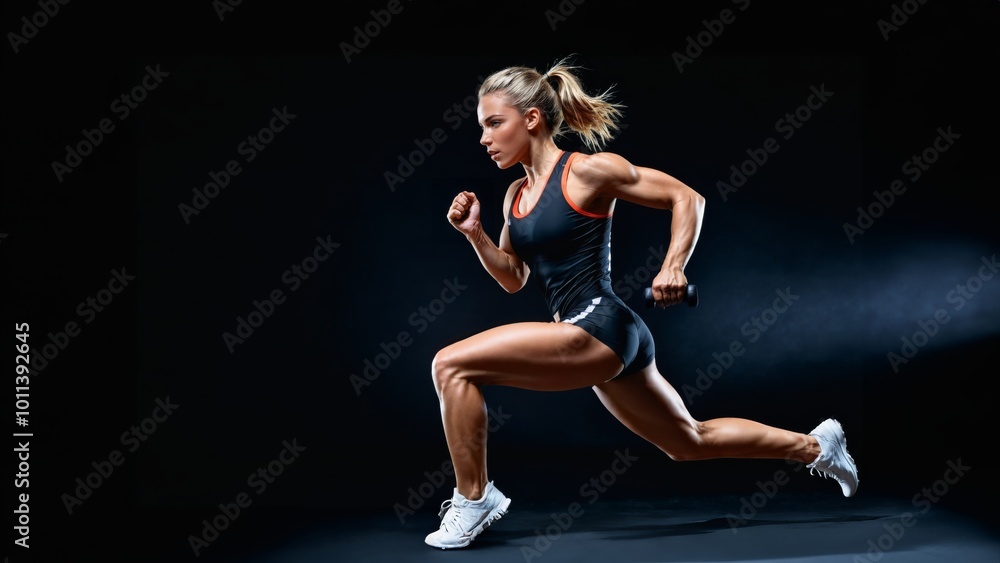 A strong woman athletic, sprinter, running on black background wearing in the sportswear A strong woman athletic, sprinter, running on black background wearing in the sportswear