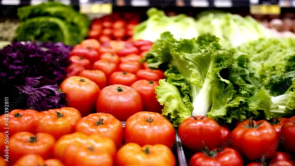 Tomatoes and fresh lettuce on grocery store shelves, tempting customers with a colorful display of healthy options Tomatoes and fresh lettuce on grocery store shelves, tempting customers with a colorful display of healthy options