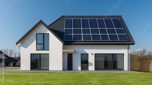 Modern house with solar panels, green lawn under clear blue sky.