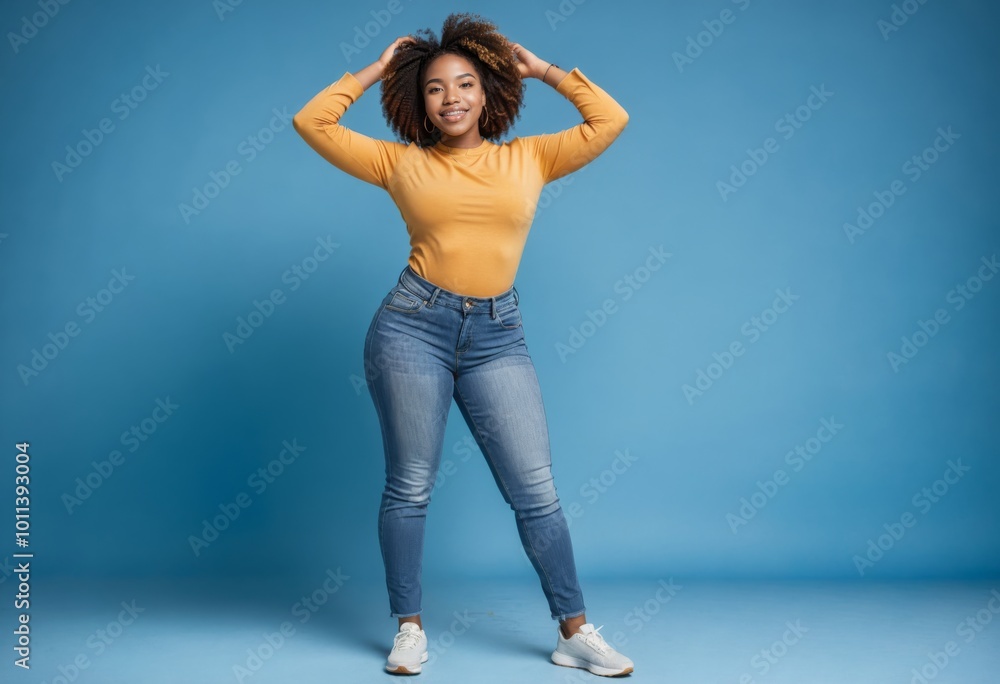 Beautiful young happy African-American body positive woman in tight jeans on blue background Beautiful young happy African-American body positive woman in tight jeans on blue background