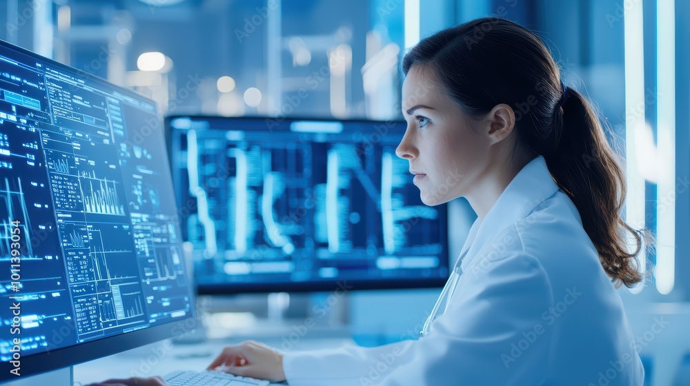 Focused scientist analyzing data on monitors in modern laboratory environment. Focused scientist analyzing data on monitors in modern laboratory environment.