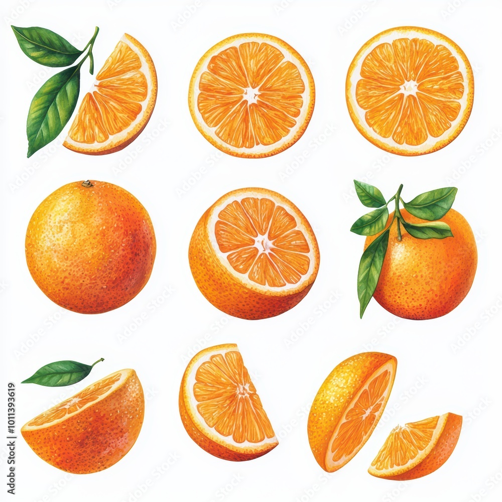 Fresh oranges with slices and leaves on a white isolated background. Fresh oranges with slices and leaves on a white isolated background.
