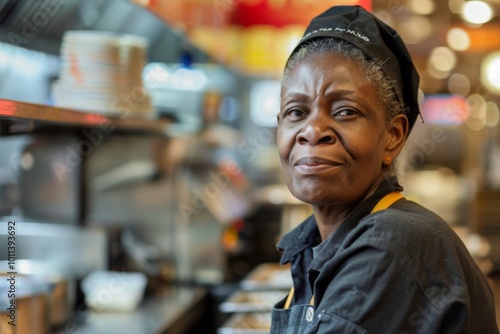 Middle aged adult african american female fast food worker