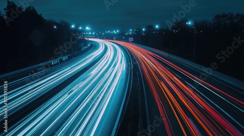 A highway at night with flowing light trails from speeding vehicles, captured in long exposure to showcase the motion