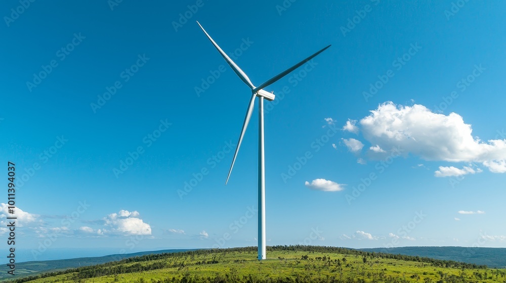 Fototapeta premium Wind turbine on a green hill under a clear blue sky with white clouds.