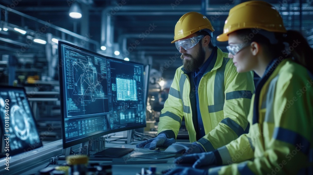 Engineers and factory workers working together on digital transformation projects, implementing AI technology and IoT solutions for a smart factory environment Engineers and factory workers working together on digital transformation projects, implementing AI technology and IoT solutions for a smart factory environment