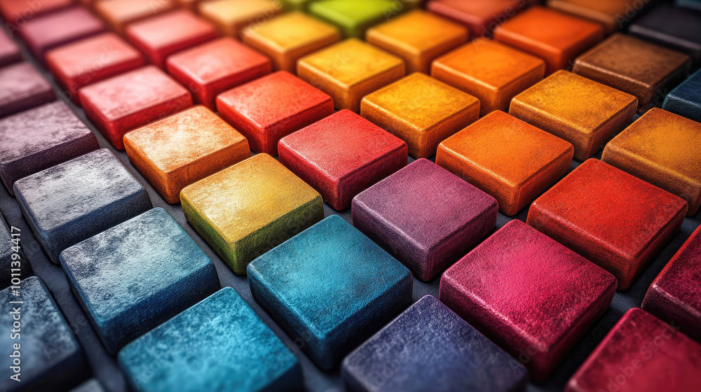A set of brightly colored cubes, covered in water droplets, lined up in a geometric pattern. The vivid colors and texture create a vibrant, high-definition abstract image A set of brightly colored cubes, covered in water droplets, lined up in a geometric pattern. The vivid colors and texture create a vibrant, high-definition abstract image