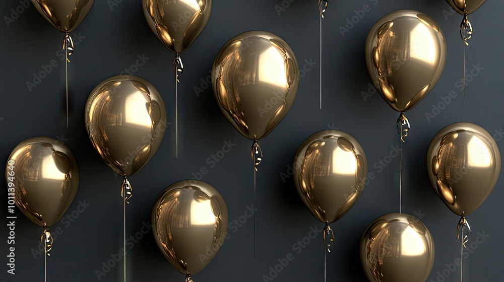A luxurious display of golden balloons against a dark gray background, perfect for party invitations, announcements, A luxurious display of golden balloons against a dark gray background, perfect for party invitations, announcements,