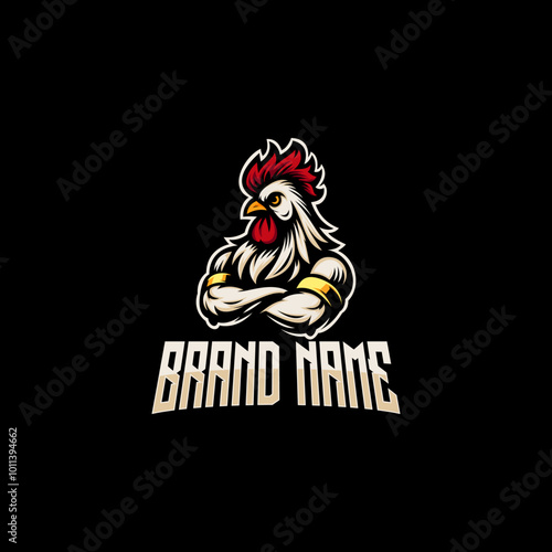 Rooster mascot e-sport logo design vector illustration on a black background, perfect for sport logo, gaming logo and the like