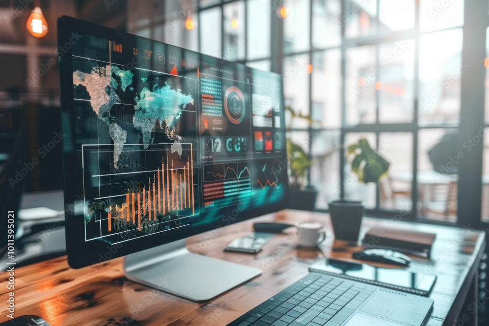 Fototapeta premium Sophisticated office environment with transparent screen showing swot analysis