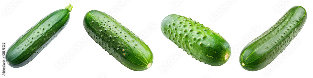 Fresh green cucumbers displayed in a row, perfect for healthy recipes and salads. on transparent cutout, PNG file Fresh green cucumbers displayed in a row, perfect for healthy recipes and salads. on transparent cutout, PNG file