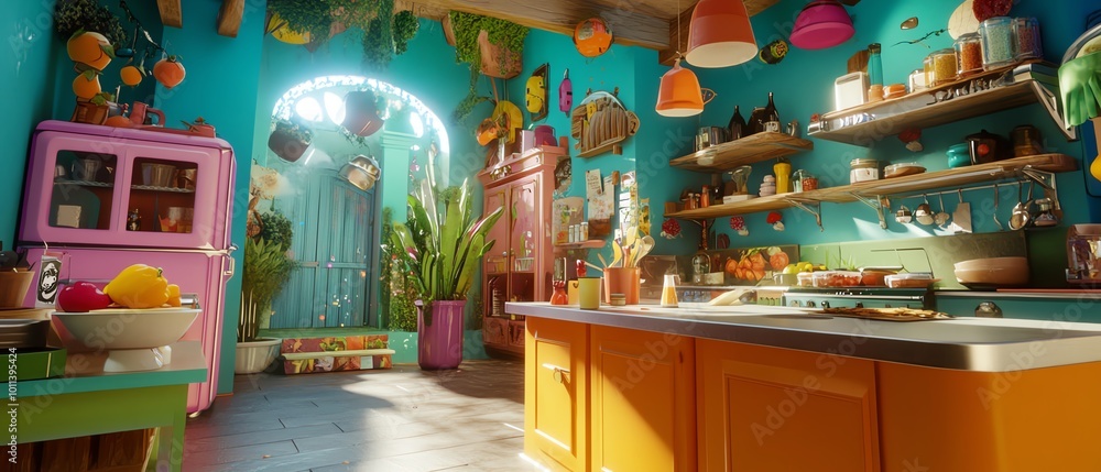 Tilted angle view of a surreal kitchen in a fantasy world, vibrant colors, magical ingredients floating, enchanting atmosphere Tilted angle view of a surreal kitchen in a fantasy world, vibrant colors, magical ingredients floating, enchanting atmosphere