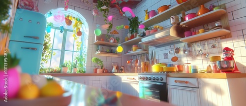 Tilted angle view of a surreal kitchen in a fantasy world, vibrant colors, magical ingredients floating, enchanting atmosphere photo