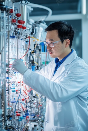 Scientist in white lab coat adjusts complex machinery with wires and tubes, his face focused and professional. Lab filled with advanced equipment.