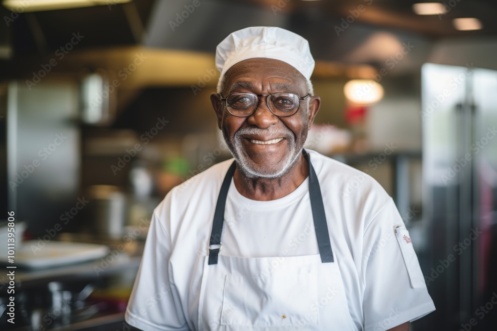 Smiling portrait of a senior male chef in professional kitchen Smiling portrait of a senior male chef in professional kitchen