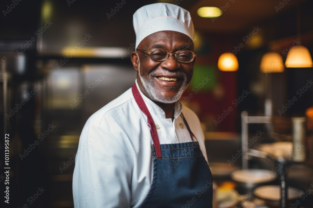 Smiling portrait of a senior male chef in professional kitchen Smiling portrait of a senior male chef in professional kitchen