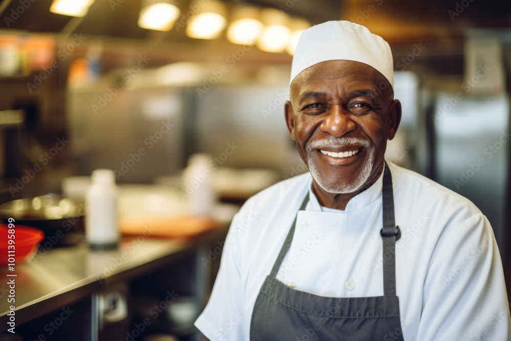 Smiling portrait of a senior male chef in professional kitchen Smiling portrait of a senior male chef in professional kitchen
