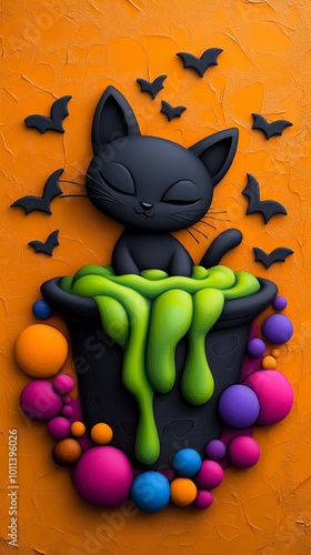 Cute black cat sitting in a cauldron with green slime and bats flying around. Halloween themed illustration. photo