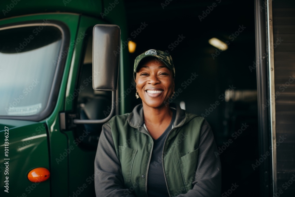Smiling portrait of a middle aged African American female truck driver Smiling portrait of a middle aged African American female truck driver