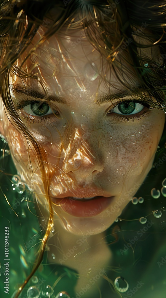 Close-Up Underwater Portrait of a Woman with Green Eyes Close-Up Underwater Portrait of a Woman with Green Eyes